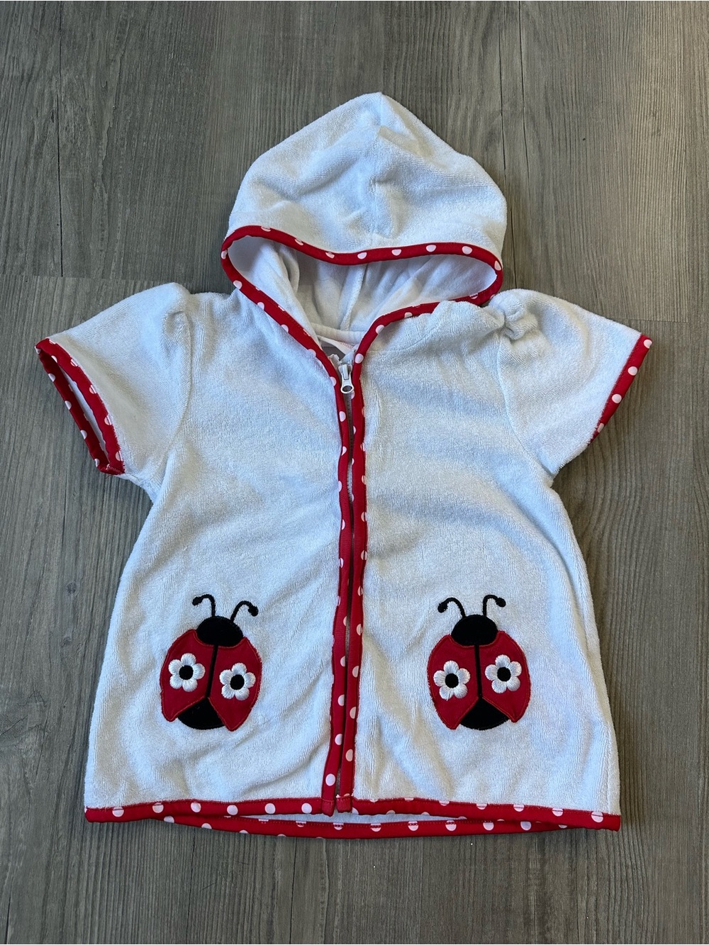 Baby Headquarters Girls' White Hooded Terry Top with Red Ladybug Trim